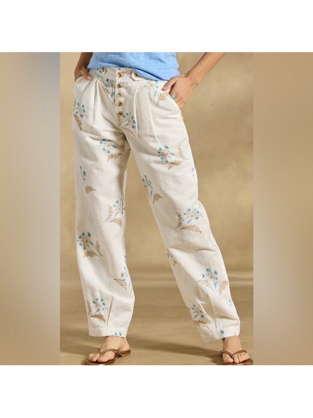 Sundance Linen Cotton Boho Benicia White Floral Pleated Pants Size 2